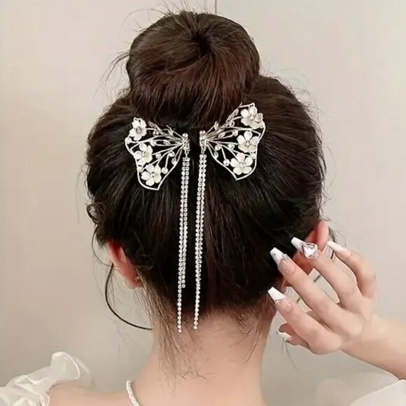 new ELEGANT goldtone HAIR CLIP w/faux pearls RHINESTONE tassel BUTTERFLY flowers - Picture 3 of 4